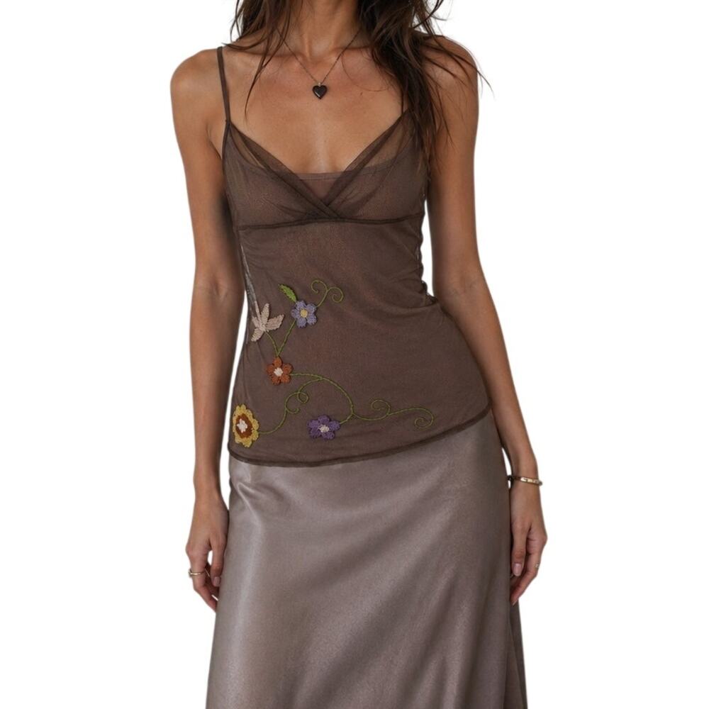 Vivienne Tam 90s Cami Tank Top Embroidered Floral Mesh 1998 Runway 90210 Buffy